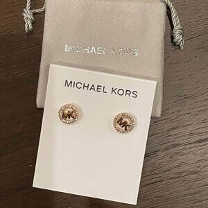 Michael Kors Stud Earrings MK Logo Crystal Pave Round Button